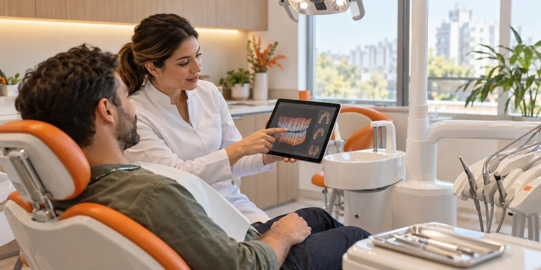 Dentista explicando o tratamento para uma paciente em consultório moderno